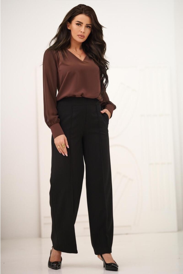 Elegancka bluzka damska z szyfonowym długim rękawem dekolt V mankiety z guzikiem - brąz